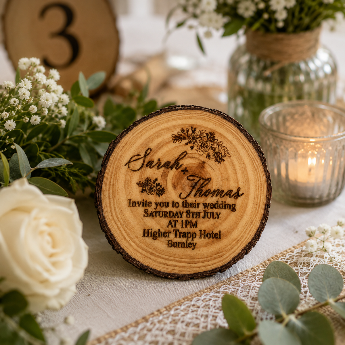 A round wooden wedding sign with engraved names and event details, styled on a table runner with flowers, greenery, a candle, and a blurred table number in the background.