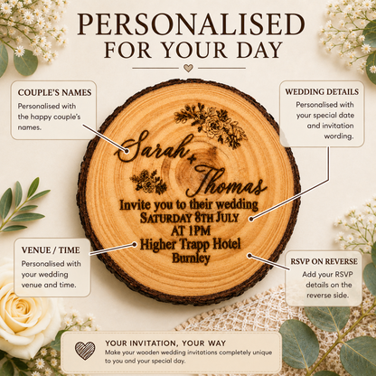 Personalised wooden wedding invitation card shown on a styled flat-lay background with flowers and greenery. The main product is a round wood slice with engraved couple names, wedding date and time, venue, and reverse-side RSVP details.