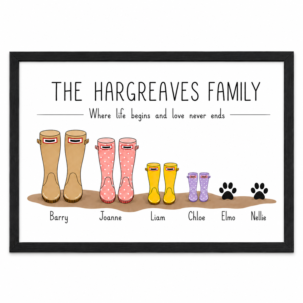 A framed personalised family print featuring illustrated rain boots and paw prints with the text 'THE HARGREAVES FAMILY' and 'Where life begins and love never ends.' The print shows six pairs of rain boots in beige, pink, yellow, purple, and black, plus two black paw prints, all arranged on a white background inside a black frame.