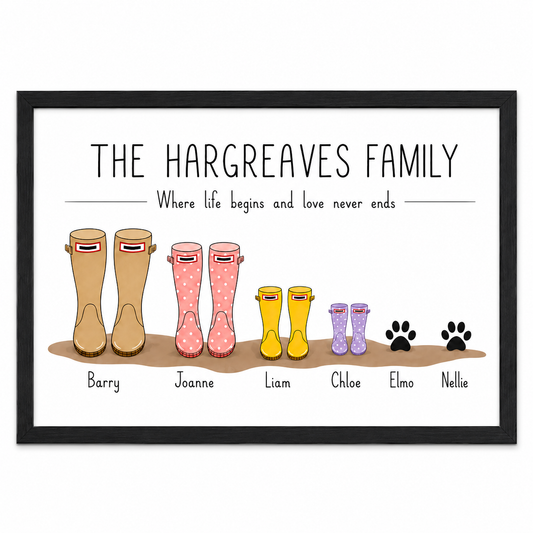 A framed personalised family print featuring illustrated rain boots and paw prints with the text 'THE HARGREAVES FAMILY' and 'Where life begins and love never ends.' The print shows six pairs of rain boots in beige, pink, yellow, purple, and black, plus two black paw prints, all arranged on a white background inside a black frame.