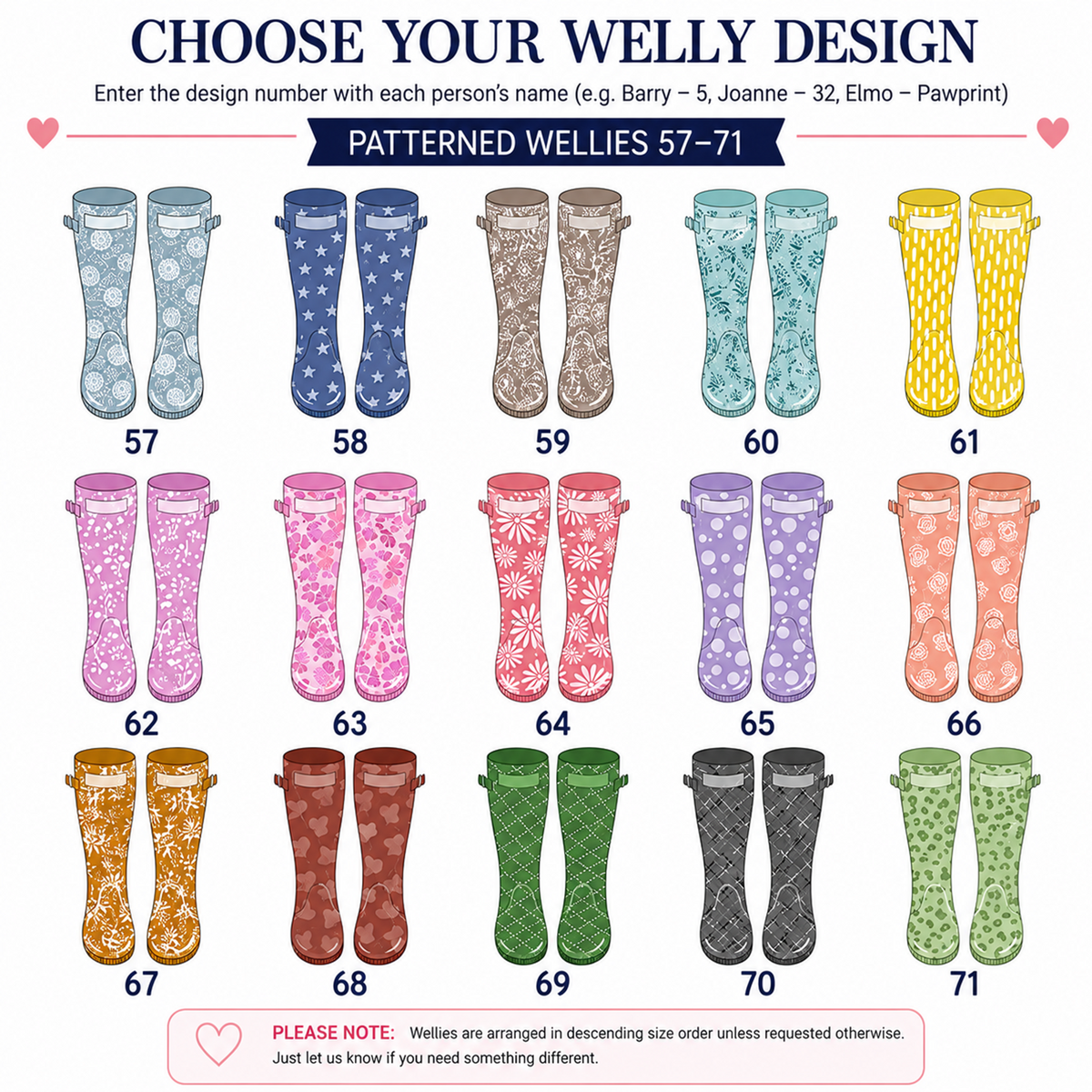A digital design selection chart for patterned wellies. The chart features 15 pairs of illustrated rain boots in various colors and patterns (floral, polka dot, leopard print, etc.