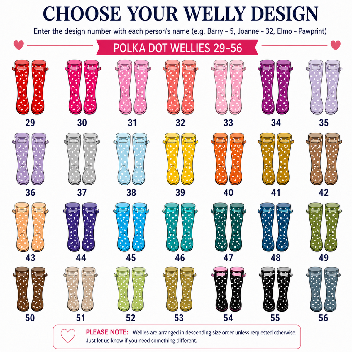 A digital design selection chart titled 'CHOOSE YOUR WELLY DESIGN' showing numbered illustrations of polka-dot rain boots in many colors, with text explaining how to enter the design number and listing design numbers 29-56.
