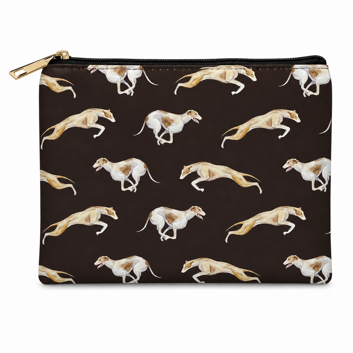 A zipped cosmetic bag with a black background and an all-over print of running greyhounds in white, tan, and brown. The pouch has a gold zipper pull and is photographed on a clean white background.