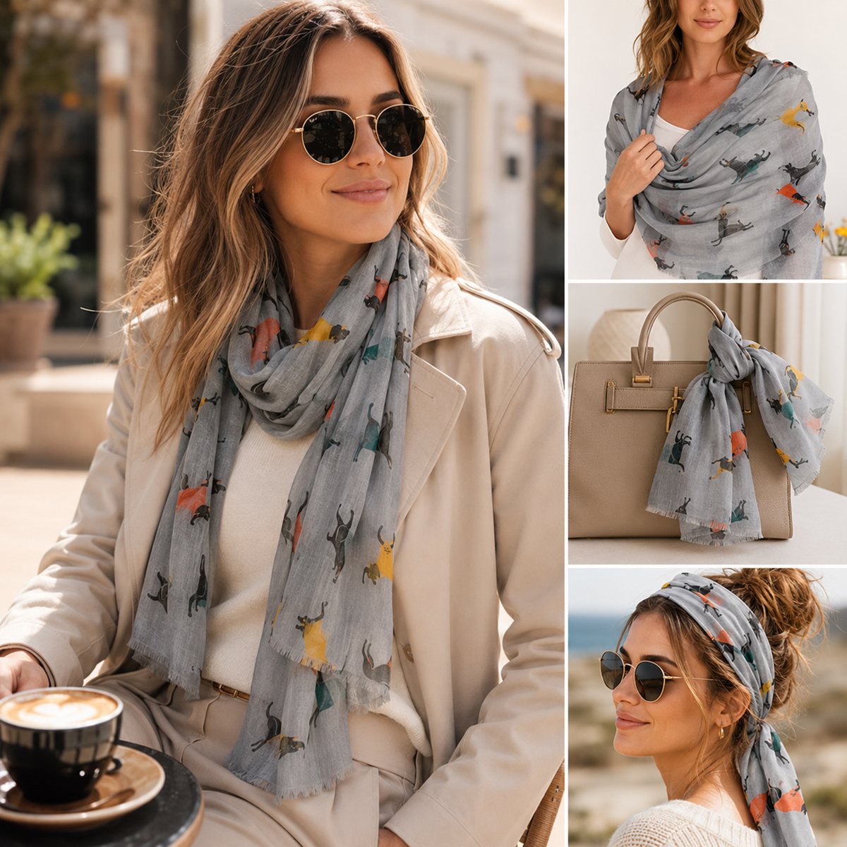 A woman models a lightweight grey scarf with a colourful greyhound dog print in multiple styled views, including a full-body outdoor shot, a close-up with sunglasses, a draped look over the shoulder, and a tied headband. A beige handbag is also shown wearing the scarf as a prop.