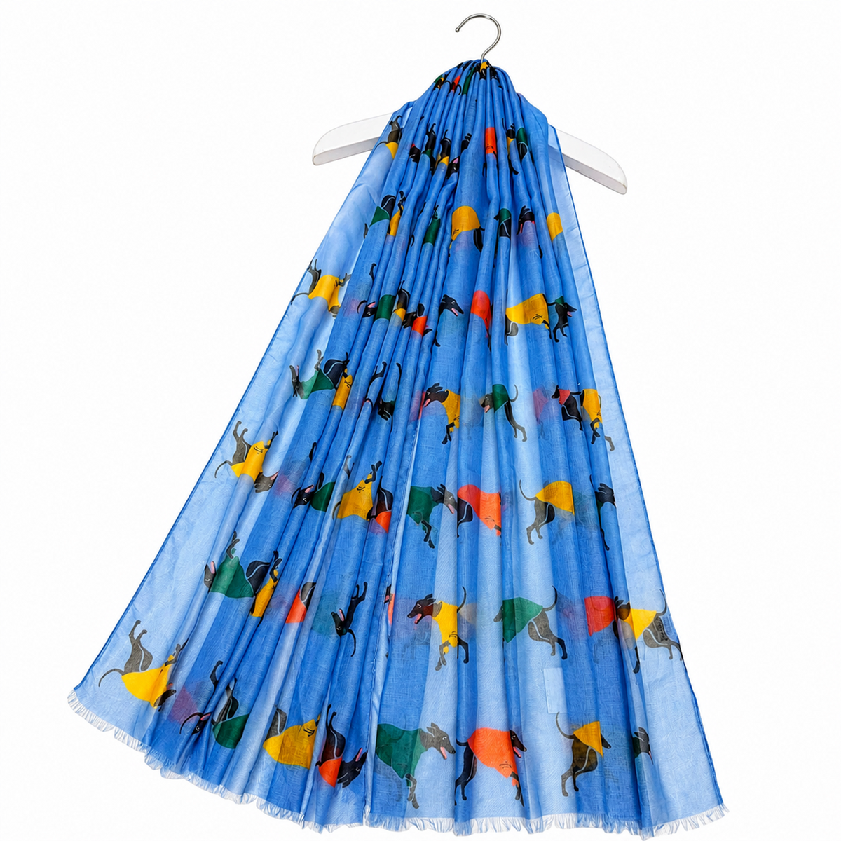 A denim blue scarf with a colourful pattern of greyhound dog silhouettes, hanging on a white hanger against a plain white background.