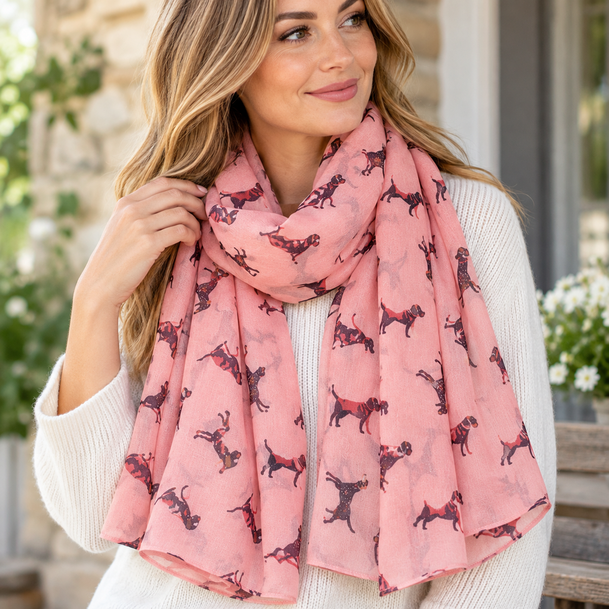 A woman wearing a light pink scarf with a repeating pattern of black and brown dogs, styled over a white knit sweater in an outdoor setting.
