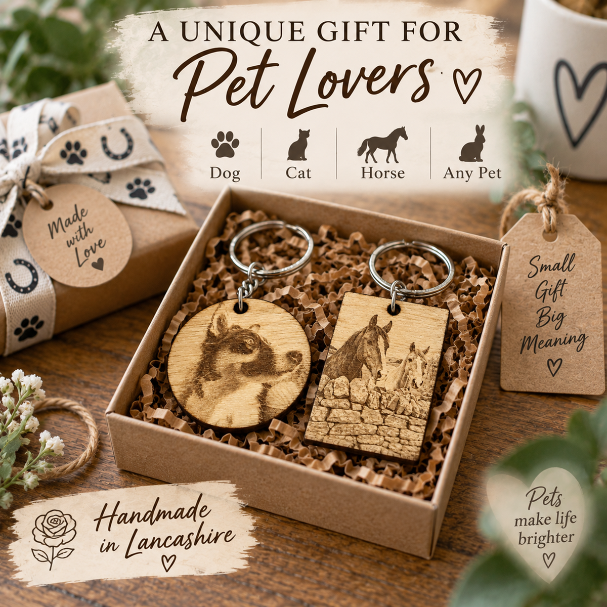 Two engraved wooden pet memorial keychains displayed in a kraft gift box on a tabletop, with promotional text overlays reading 'A UNIQUE GIFT FOR Pet Lovers' and icons for Dog, Cat, Horse, and Any Pet.