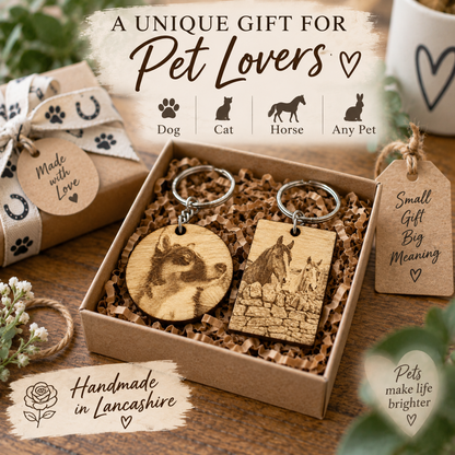 Two engraved wooden pet memorial keychains displayed in a kraft gift box on a tabletop, with promotional text overlays reading 'A UNIQUE GIFT FOR Pet Lovers' and icons for Dog, Cat, Horse, and Any Pet.