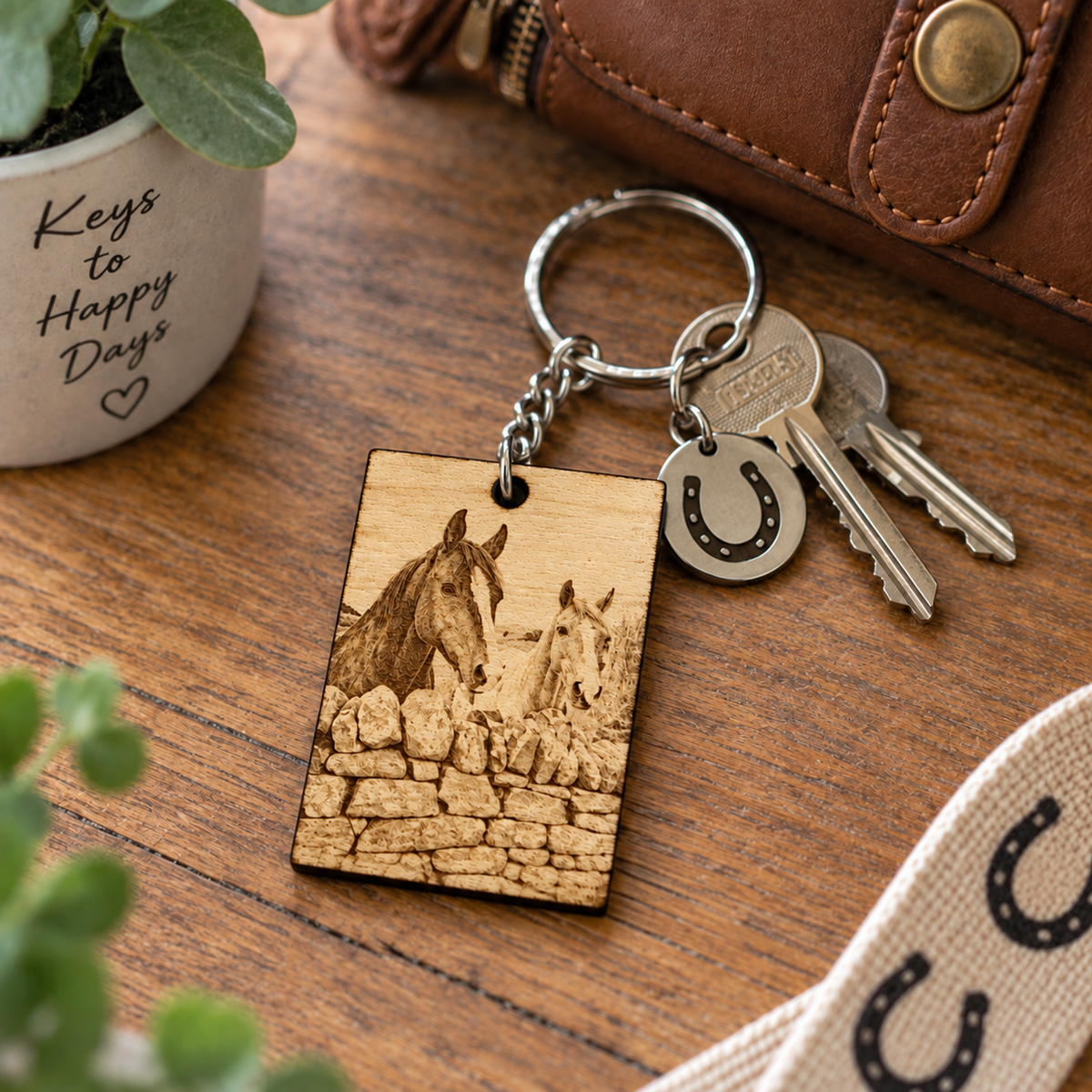 A personalized wooden horse keychain with engraved horse artwork, attached to a silver split ring with keys and a horseshoe charm, styled on a wooden tabletop with a brown leather pouch, potted plant, and fabric ribbon nearby.