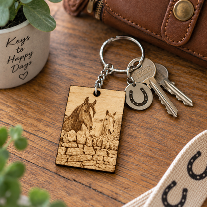 A personalized wooden horse keychain with engraved horse artwork, attached to a silver split ring with keys and a horseshoe charm, styled on a wooden tabletop with a brown leather pouch, potted plant, and fabric ribbon nearby.
