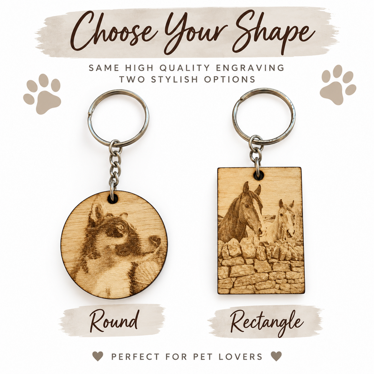 Custom pet engraved keychains showing two options: a round wooden disc keychain and a rectangular wooden plaque keychain, both featuring laser-engraved horse and dog illustrations. The image includes text reading 'Choose Your Shape' and labels 'Round' and 'Rectangle' on a clean white background.