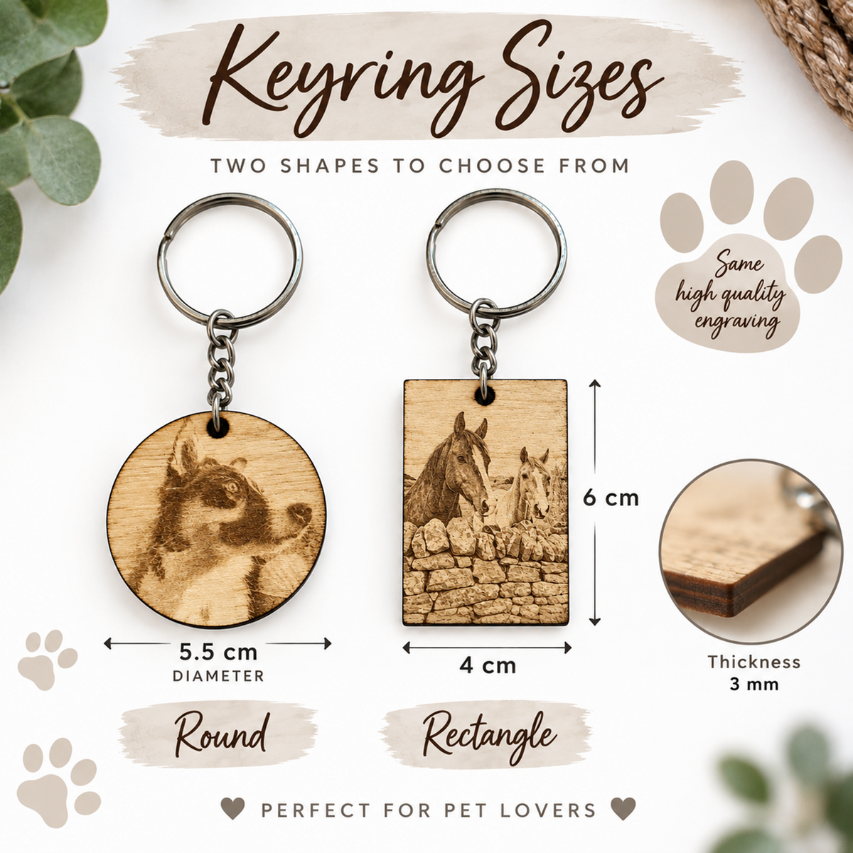 Keyring sizes comparison graphic showing two engraved wooden keyrings: a round keyring labeled 5.5 cm diameter and a rectangular keyring labeled 4 cm by 6 cm.