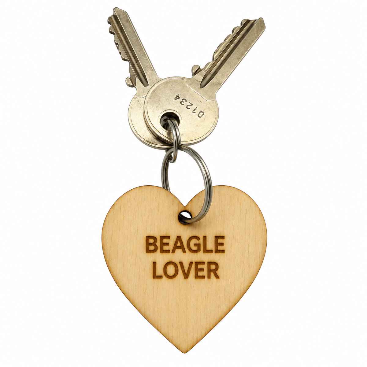 A heart-shaped wooden keychain engraved with 'BEAGLE LOVER' in brown, attached to a metal split ring with two keys on a white background.