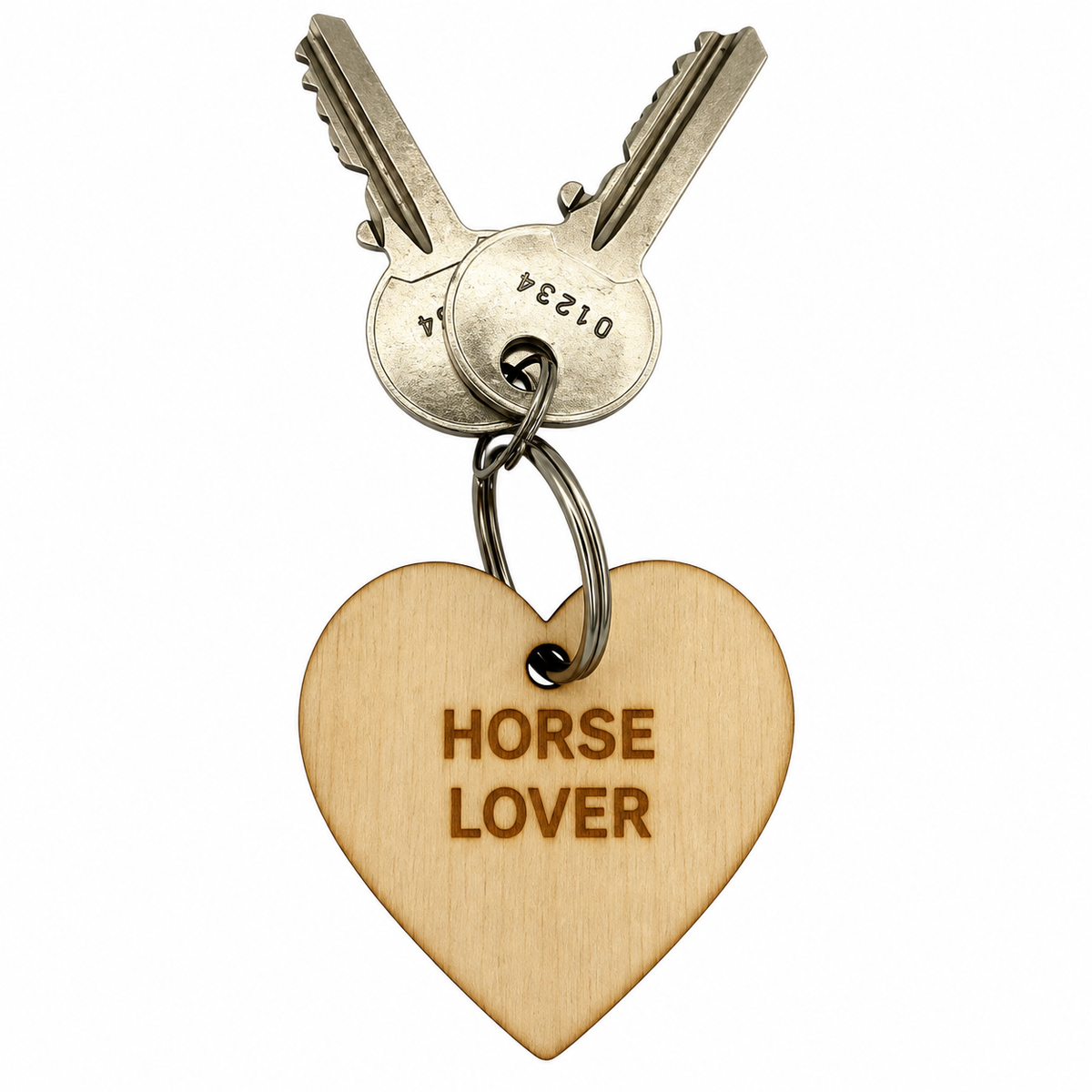 A wooden heart-shaped keychain engraved with 'HORSE LOVER' in brown lettering, attached to a metal keyring with two keys, shown on a plain white background.