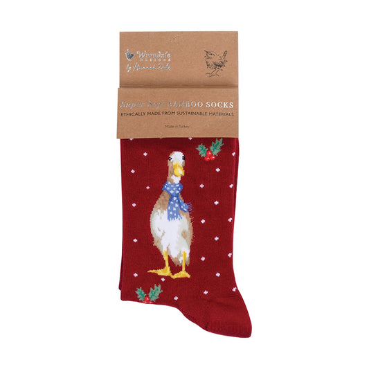 Wrendale Designs Women's Christmas Duck Red socks with a cartoon duck design on a white background