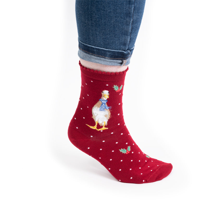 Red sock with a chicken design worn by a person on a white background
