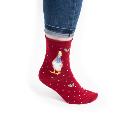 Red sock with a chicken design worn by a person on a white background