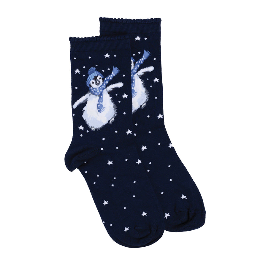 Navy blue socks with snowman design and white stars on a white background