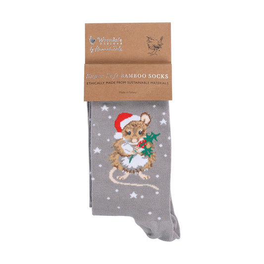 A pair of grey crew socks featuring a festive Christmas design with embroidered mice wearing red Santa hats and holding green holly, set against a background of white stars.