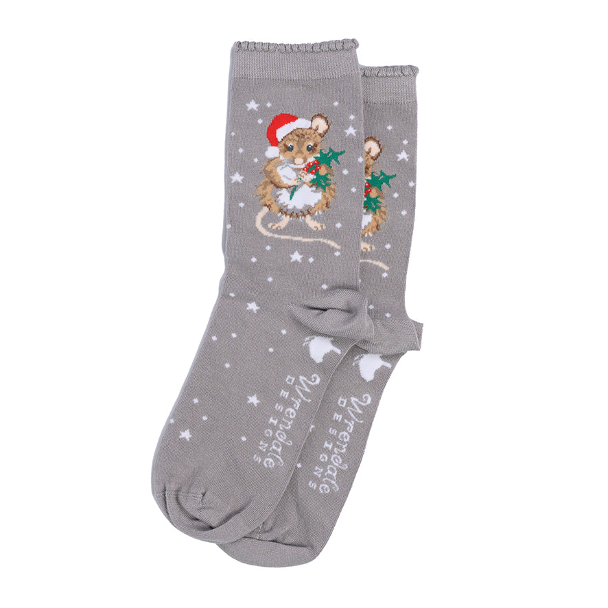 A pair of gray crew socks featuring a festive Christmas design with embroidered mice wearing Santa hats and holding holly, accented with white stars and the word 'Merry' in white script.