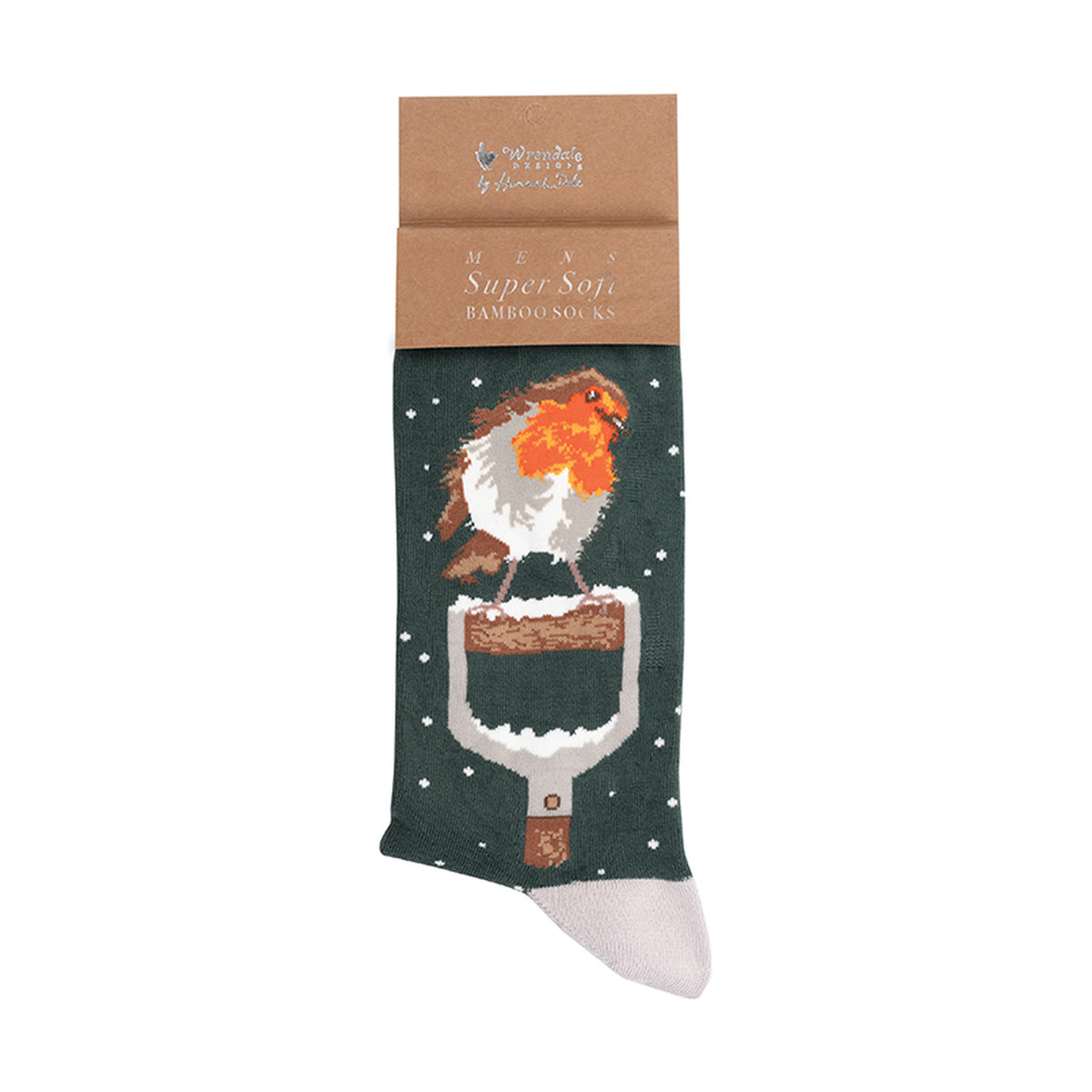 A single dark green Christmas-themed sock with a robin and shovel graphic, attached to a brown paper header card. The brand 'The Wren House of Fashion' is visible on the card.