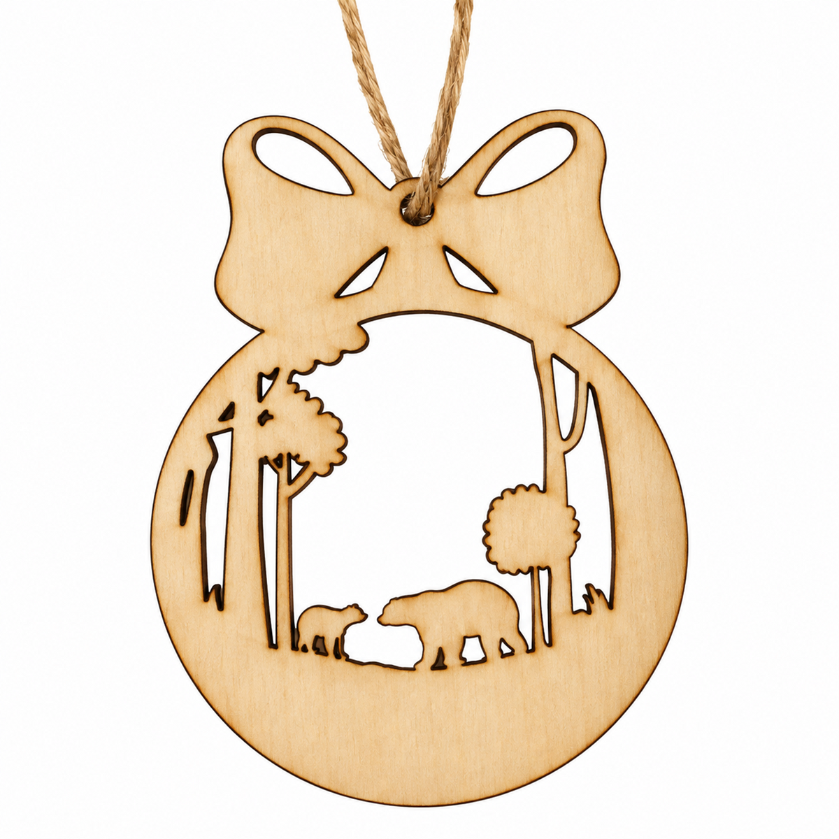 A round wooden Christmas ornament with a laser-cut safari scene featuring a bear, bear cub, trees, and a bow at the top, hanging from a natural jute string against a white background.