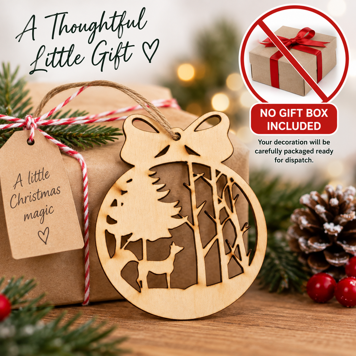 A wooden Christmas ornament decoration with laser-cut trees, deer, and a bow, shown tied to a kraft paper gift bag with a hanging tag. Text reads 'A Thoughtful Little Gift' and 'A little Christmas magic,' with a note that no gift box is included.