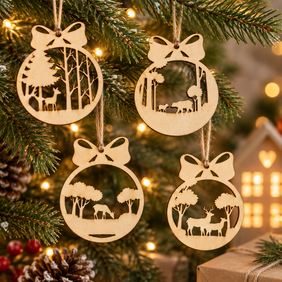 Four round wooden Christmas ornaments with bow tops and cutout winter forest scenes featuring deer, hanging on a decorated Christmas tree with warm string lights.