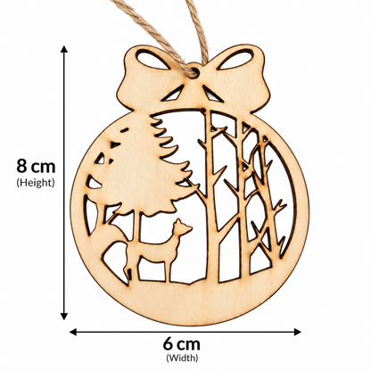 Laser-cut wooden Christmas ornament with a bow and forest scene, shown with dimension markers indicating 8 cm height and 6 cm width on a white background.