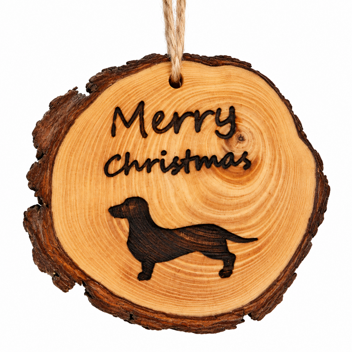 A round wooden Christmas ornament with a natural bark edge, featuring the words 'Merry Christmas' and a black silhouette of a dachshund dog, hanging from a twine string against a white background.