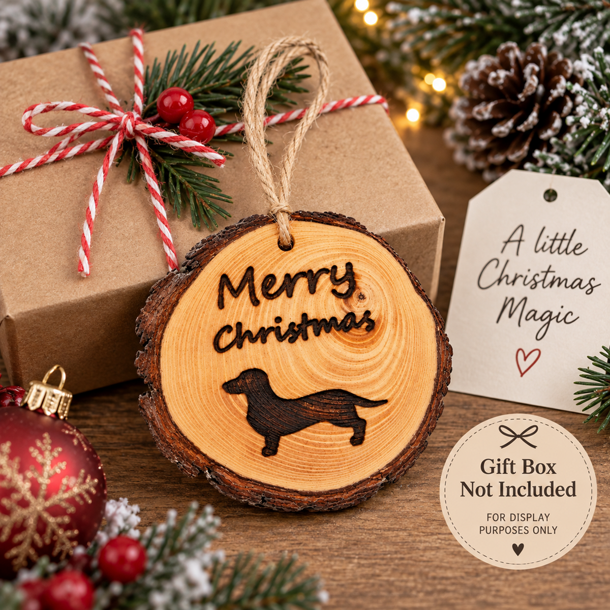A round wooden Christmas ornament with a dachshund silhouette and the words 'Merry Christmas' engraved, displayed on a rustic wooden surface with holiday decorations, a kraft gift box, and a gift tag that reads 'A little Christmas Magic'. A badge in the corner says 'Gift Box Not Included'.