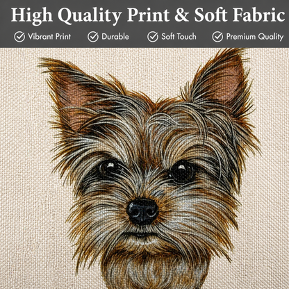 A close-up of a printed fabric featuring a detailed illustration of a small Yorkshire Terrier dog's face, with a dark grey banner at the top reading 'High Quality Print & Soft Fabric' and feature checkmarks.