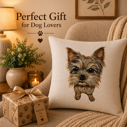 A beige cushion cover  featuring a detailed illustration of a Yorkshire Terrier dog, styled on a cosy armchair next to a wrapped gift box and a lit lamp. Text overlay reads 'Perfect Gift for Dog Lovers'.