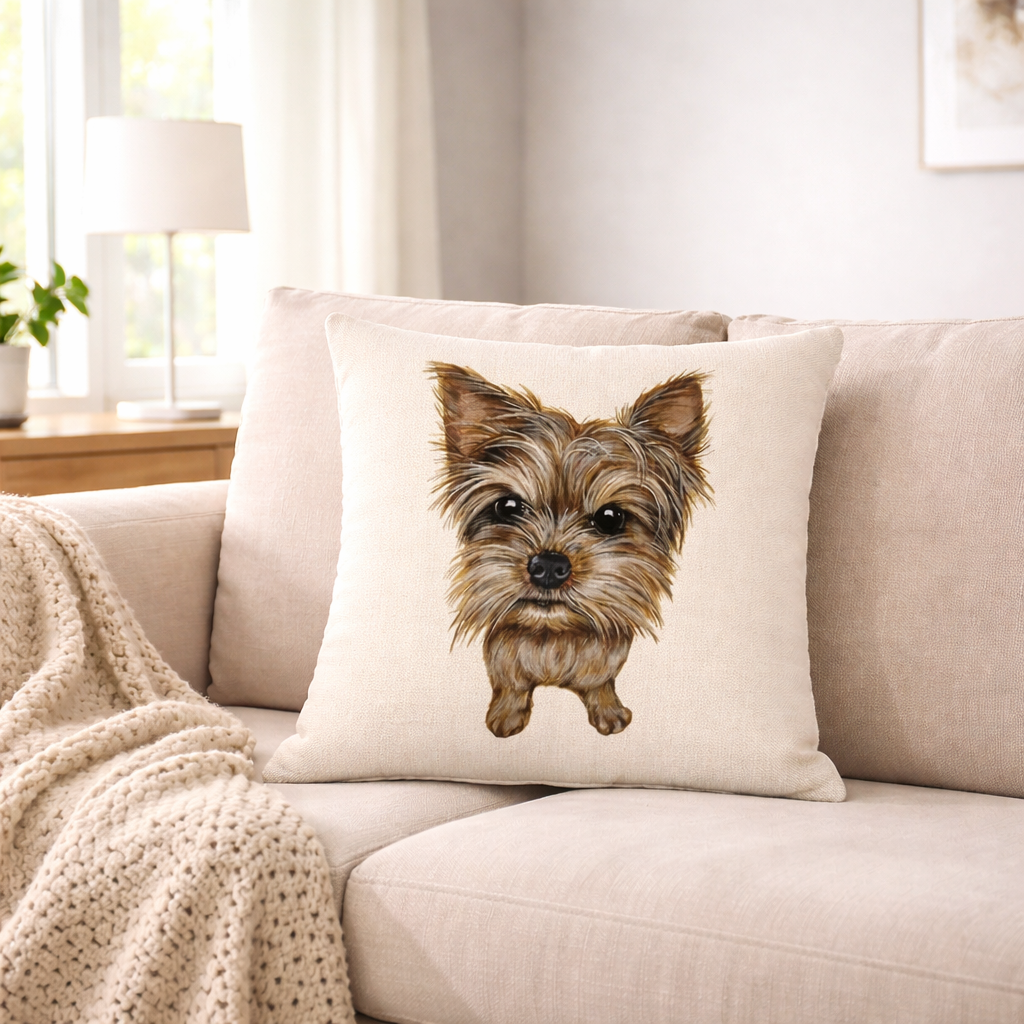 A square cushion cover featuring a detailed illustration of a small brown and tan Yorkshire Terrier dog, styled on a beige sofa in a cosy living room setting.