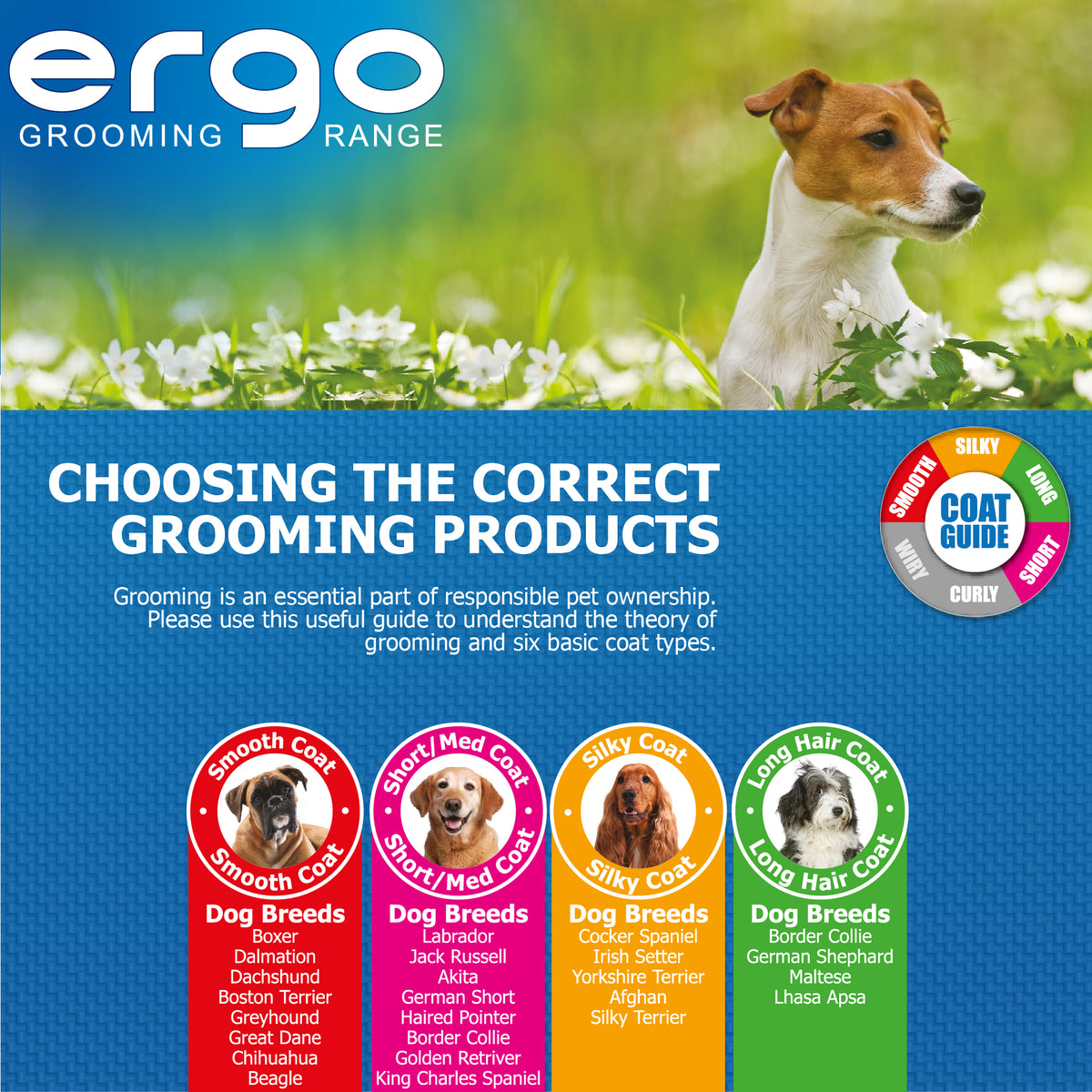 Ergo Grooming Range guide for choosing grooming products with a dog in a field.