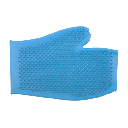 Blue ancol ergo dog grooming textured glove on a white background