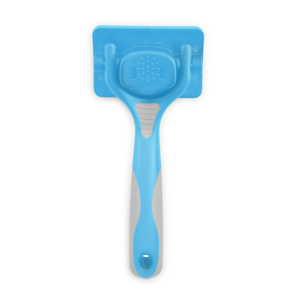 Blue ancol ergo self cleaning slicker brush tool with a scrubber head on a white background