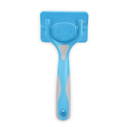 Blue ancol ergo self cleaning slicker brush tool with a scrubber head on a white background