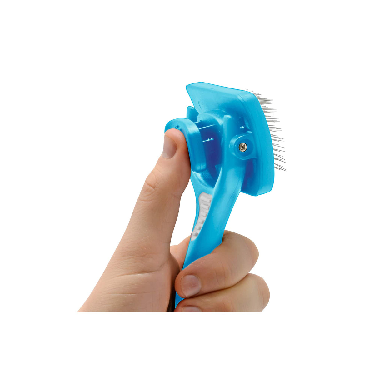 Blue ancol self cleaning pet slicker dog pet grooming brush held in a hand against a white background