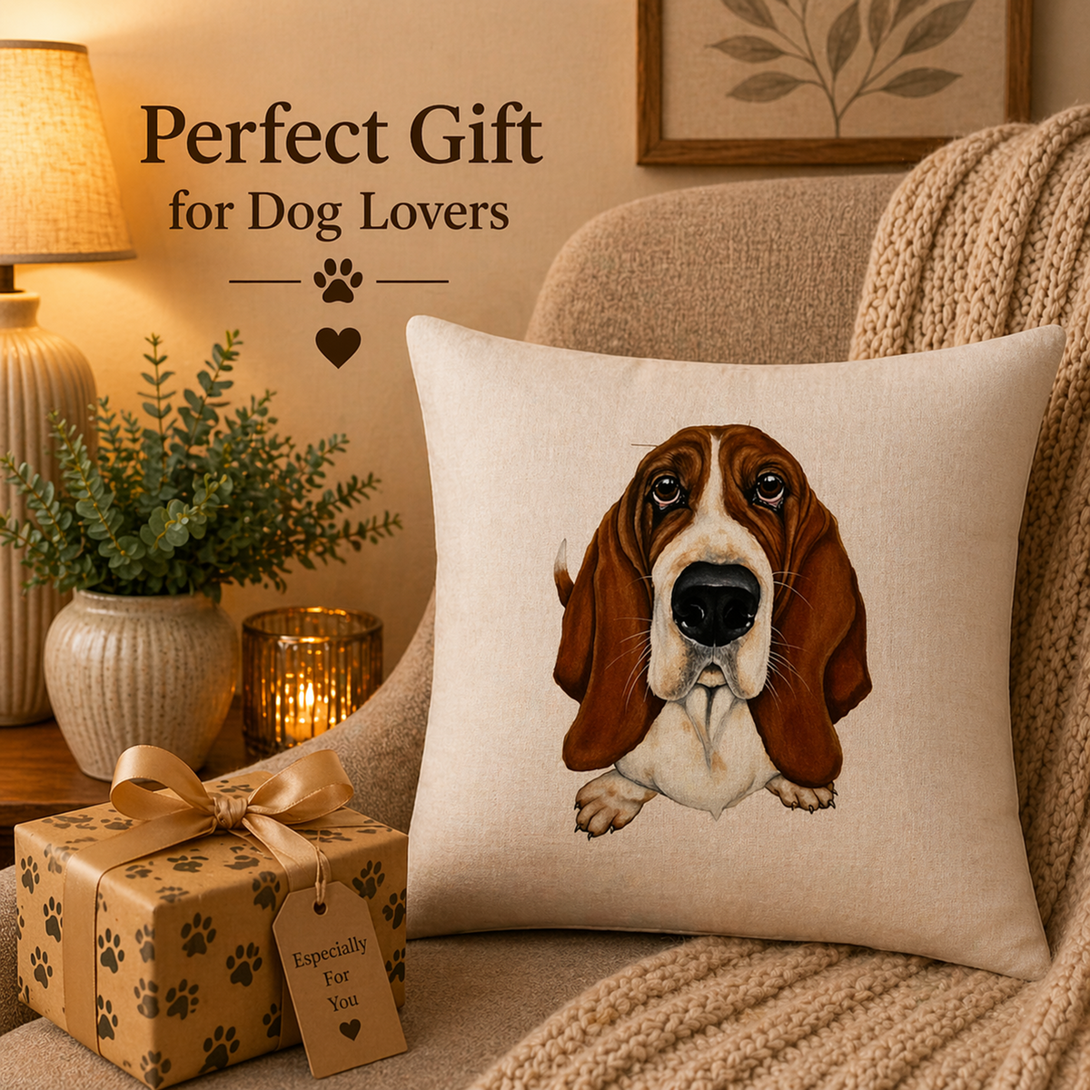 A square beige cushion cover featuring a detailed illustration of a brown and white basset hound, styled on a cosy beige armchair next to a wrapped gift box with paw prints and the text 'Perfect Gift for Dog Lovers'.
