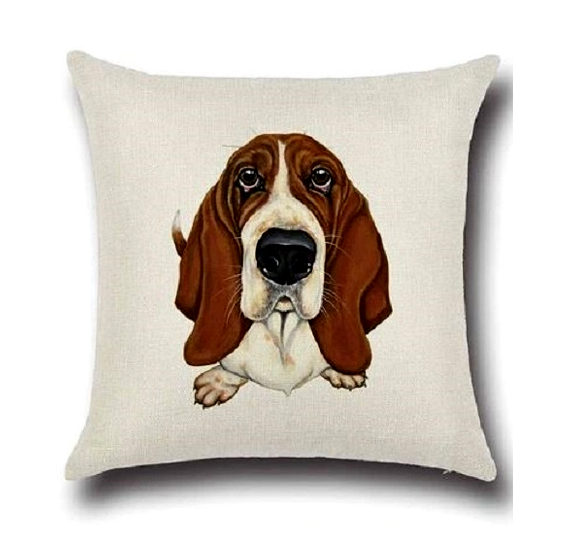 Cushion cover with a Basset Hound dog illustration on a white background