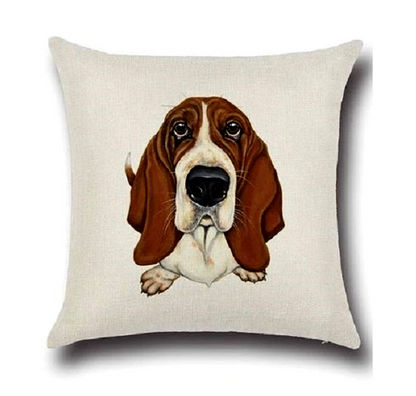 Cushion cover with a Basset Hound dog illustration on a white background