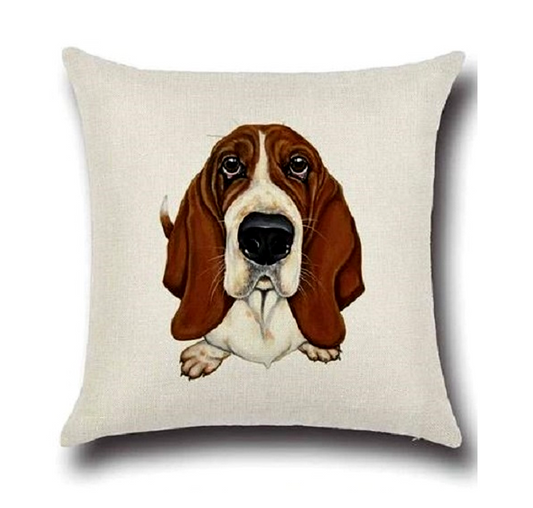 Cushion cover with a Basset Hound dog illustration on a white background