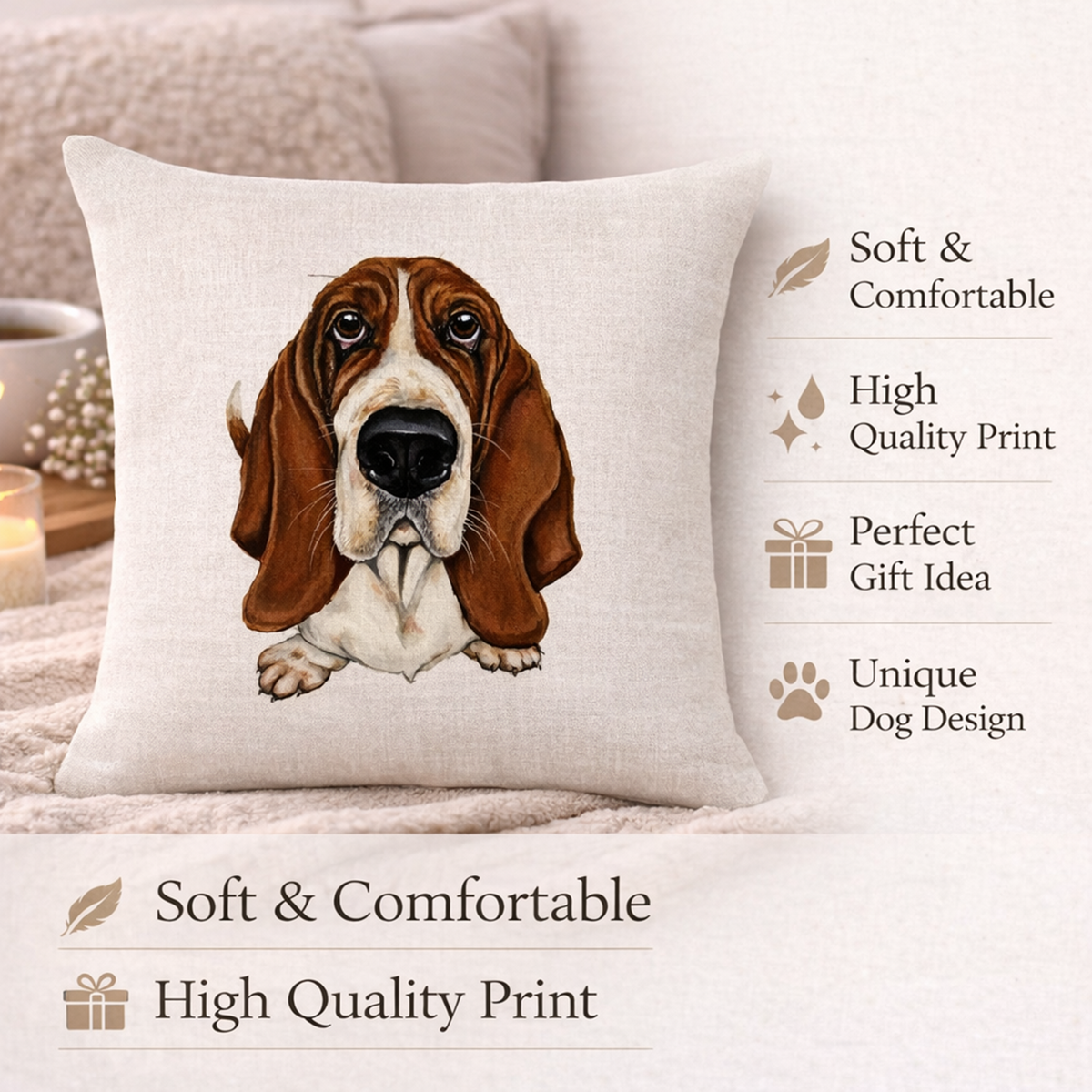 A square cushion cover with a printed basset hound illustration on a light beige linen-textured background, styled on a bed with decorative props and text callouts highlighting soft comfort, high-quality print, gift idea, and unique dog design.