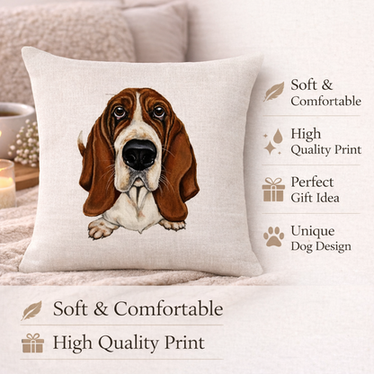 A square cushion cover with a printed basset hound illustration on a light beige linen-textured background, styled on a bed with decorative props and text callouts highlighting soft comfort, high-quality print, gift idea, and unique dog design.