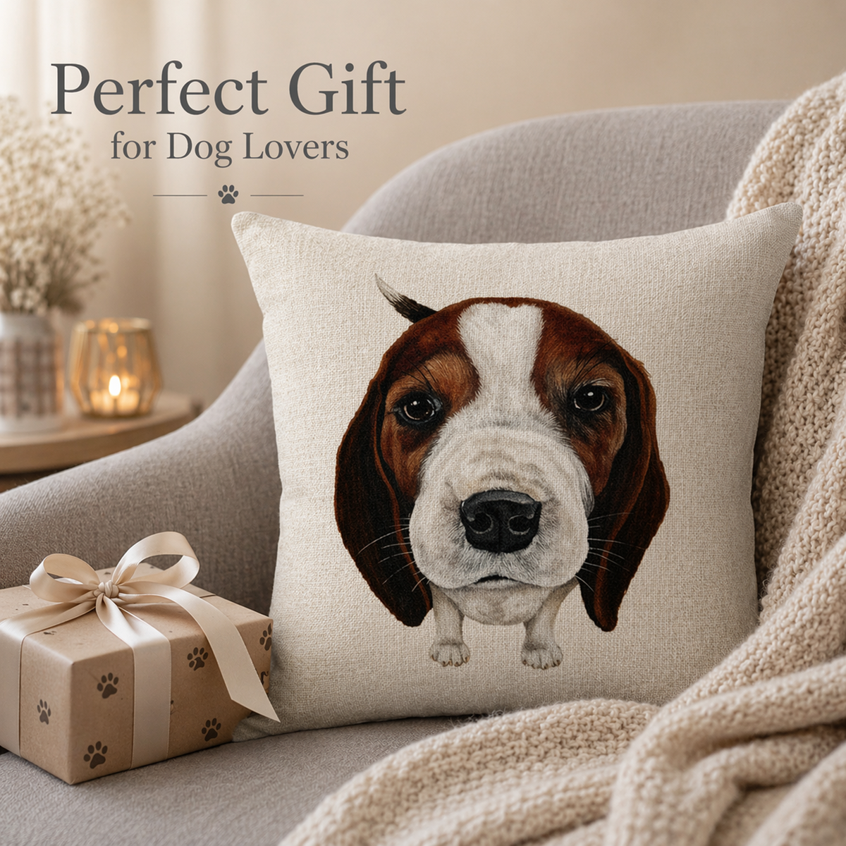 A square cushion cover featuring a realistic printed portrait of a basset hound, styled on a cosy beige armchair with a knitted blanket and a wrapped gift box nearby. Text overlay reads 'Perfect Gift for Dog Lovers'.