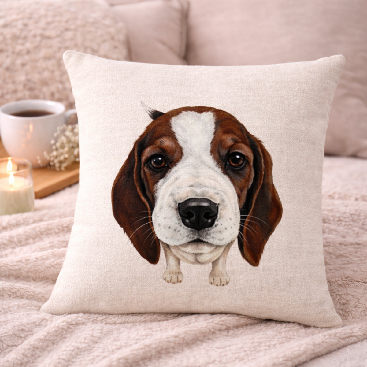 A square beige cushion cover featuring a printed illustration of a brown and white beagle puppy's face, styled on a cosy pink blanket with a mug and candle in the background.