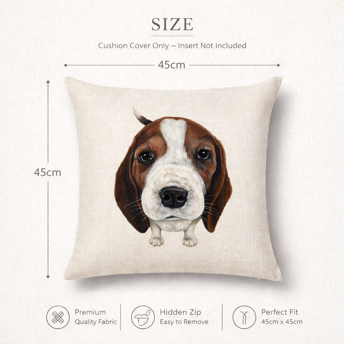 A square cushion cover shown on a light neutral background with size annotations. The pillow has a cream fabric base and a printed illustration of a brown and white Beagle puppy's face.