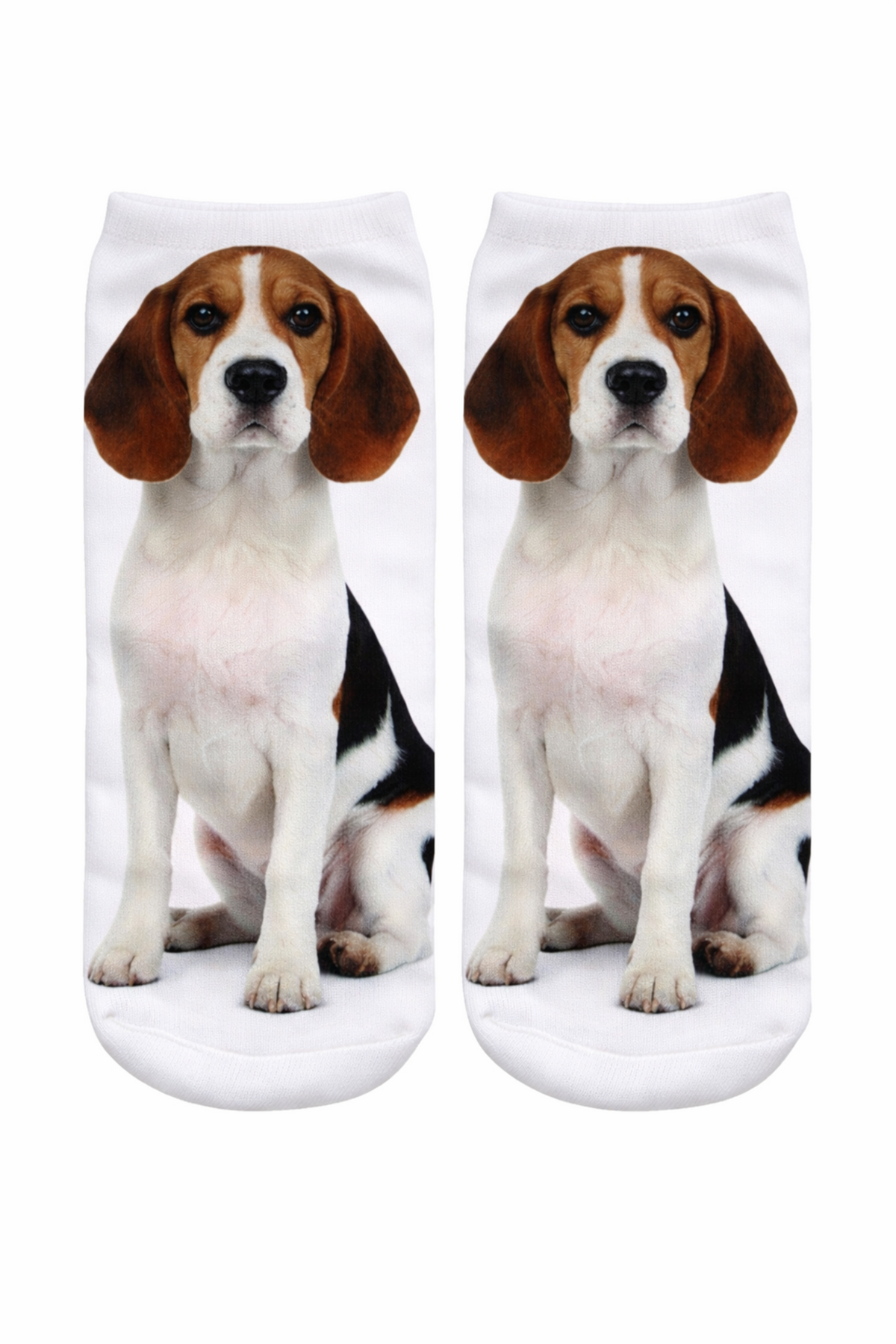 Pair of socks with a beagle dog design on a white background