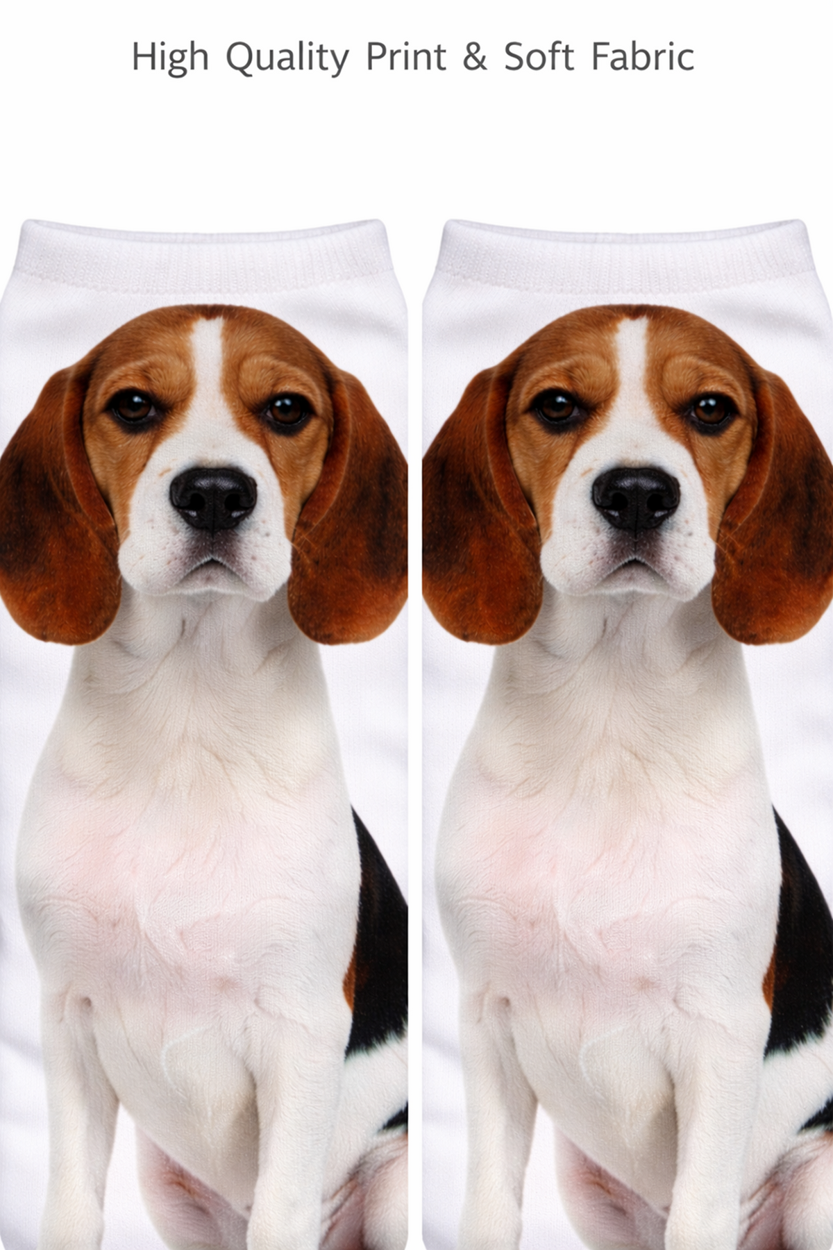 A pair of white ankle socks printed with a high-quality graphic of a beagle dog's face and upper body, shown side by side on a white background with the text 'High Quality Print & Soft Fabric' at the top.